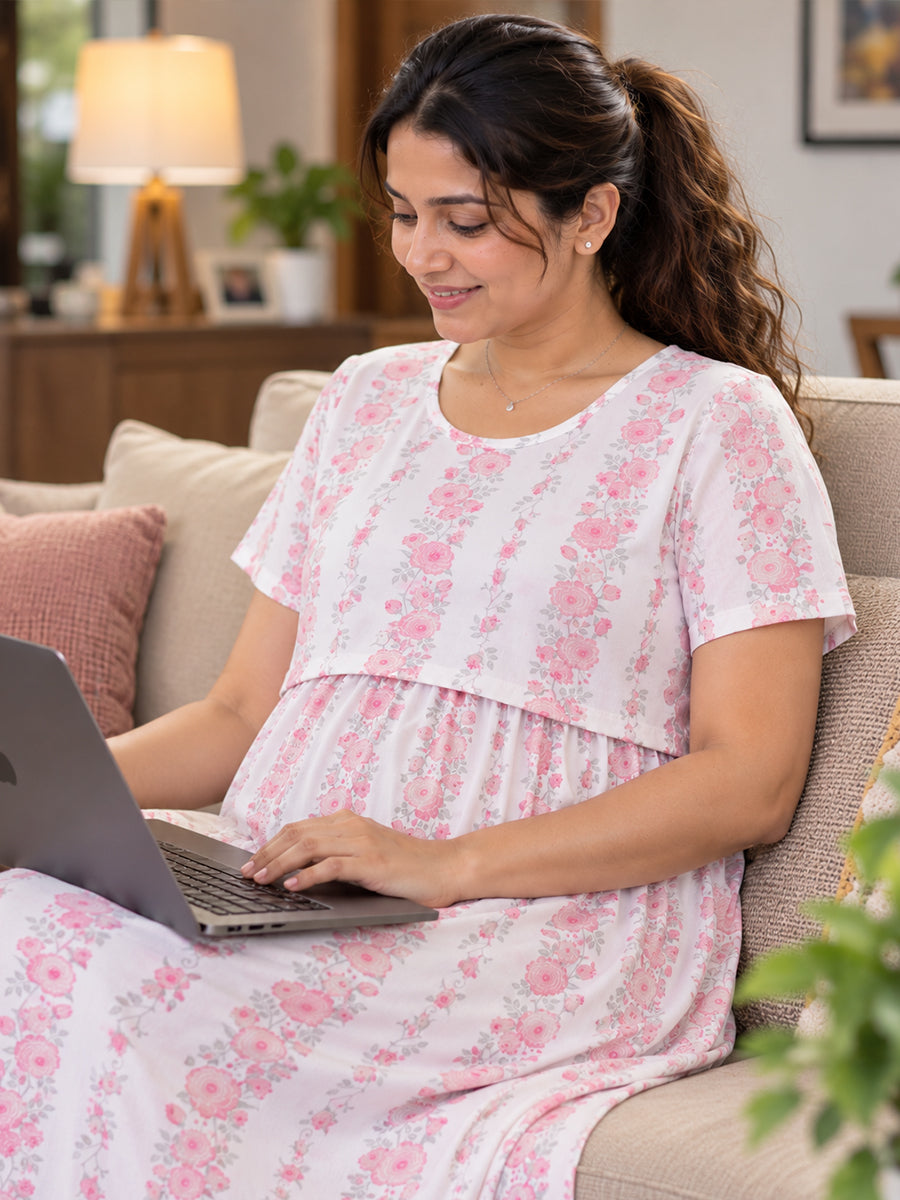 Ziva Zipless Maternity & Feeding Knitted Dress with Adjustable Waist Tie & Side Pocket | Soft Off-White Dusty Rose Floral Print