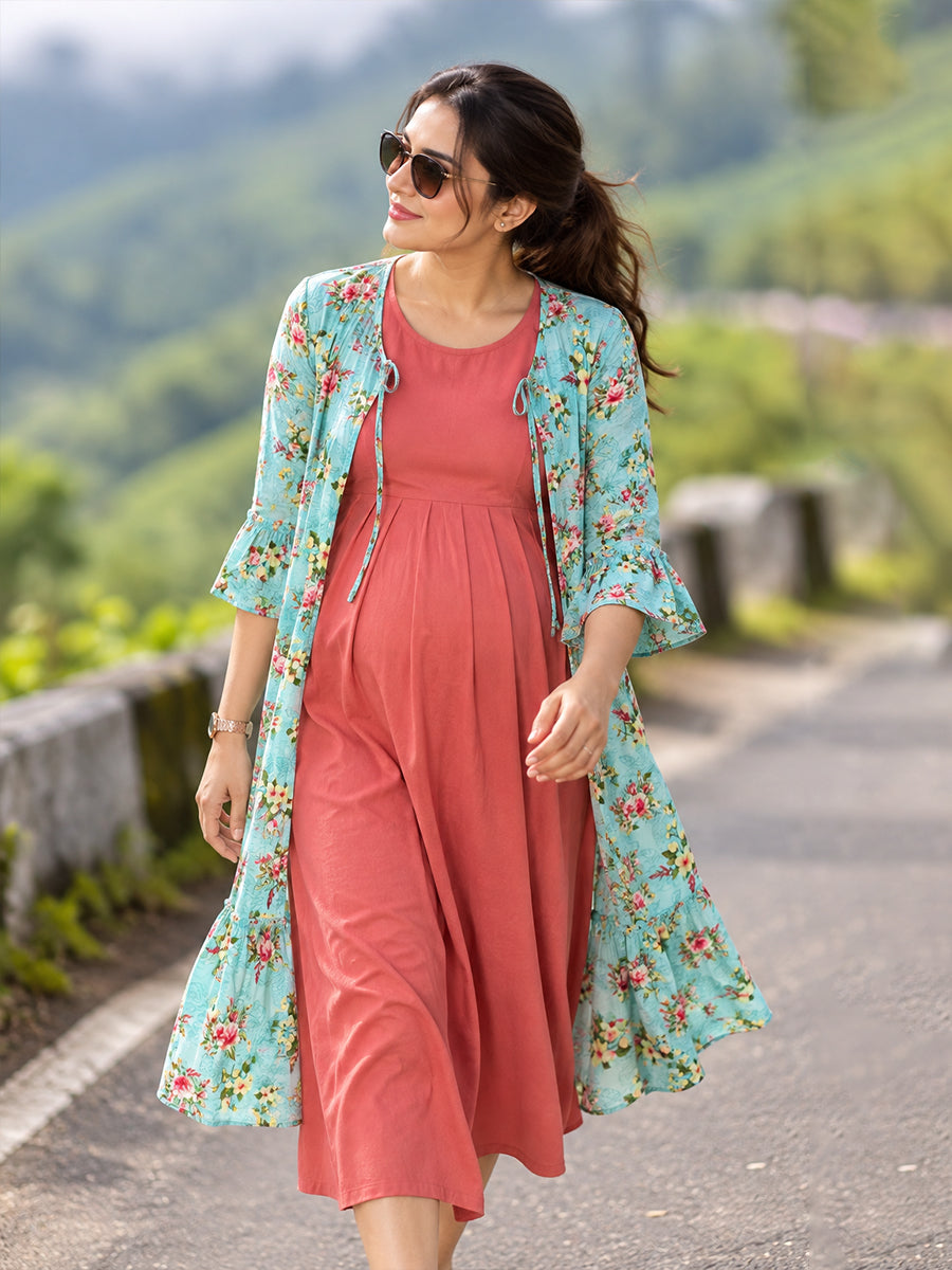 Ziva Premium Rayon Maternity & Feeding Dress with Sleeveless Inner & Floral Tie-Up Long Jacket with Side Pocket | Coral Pink & Light Aqua Blue Floral