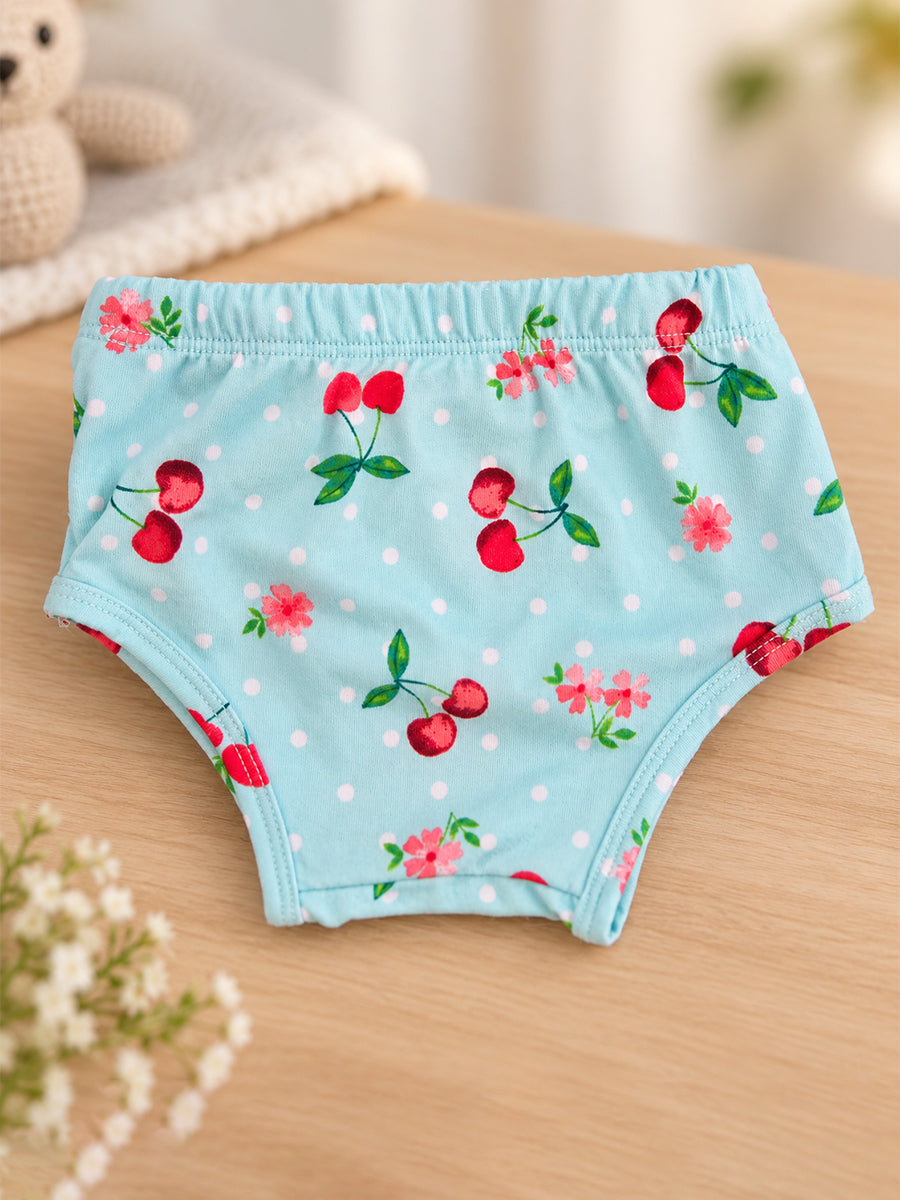 Ziva Baby Girl Strappy Frock with Pantie – Aqua Blue Cherry Print | Premium Knitted Cotton | Layered Frill & Front Buttons | 2-Piece Set