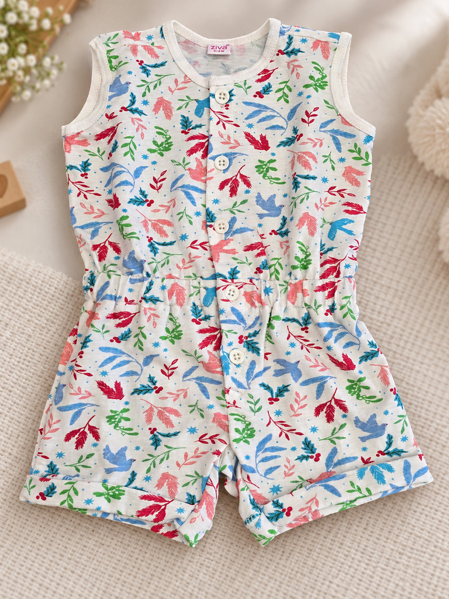 Ziva Baby Playsuit Romper – Multicolour Botanical Bird Print | Knitted Cotton | Sleeveless | Full Front Button Open