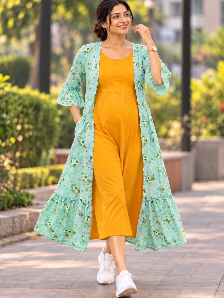 Ziva Premium Rayon Maternity & Feeding Dress with Sleeveless Inner & Floral Tie-Up Long Jacket With Side Pocket– Dark Orange Yellow & Soft Mint Green Floral
