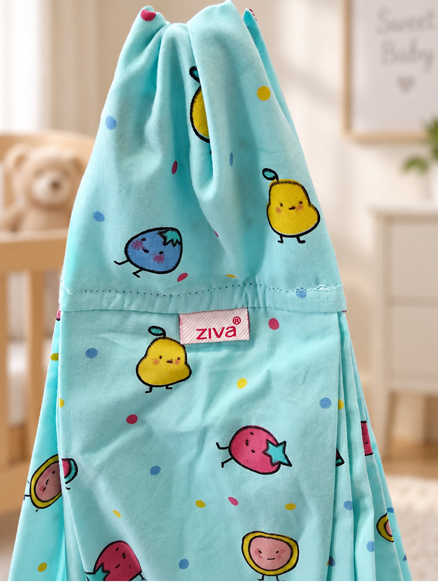 Ziva Baby Cradle – Fruity Friends Cream | Premium Cotton Cloth Cradle with Aqua Blue Mosquito Net, Hanger & S-Hook
