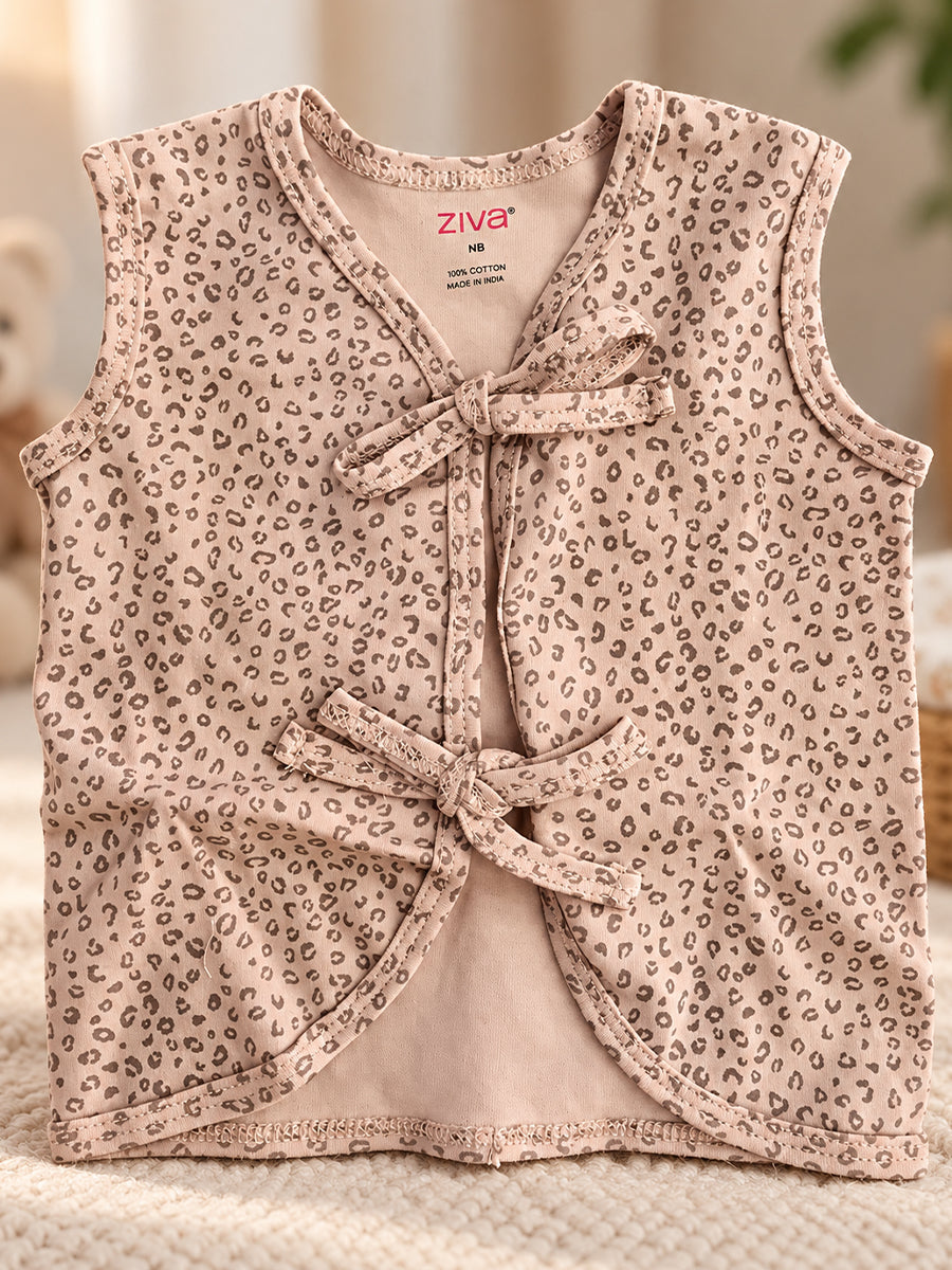 Ziva Newborn Knitted Cotton Front Open Tie Jabla with Tie Nappy – Peach Leopard Print | 1 Jabla + 1 Nappy