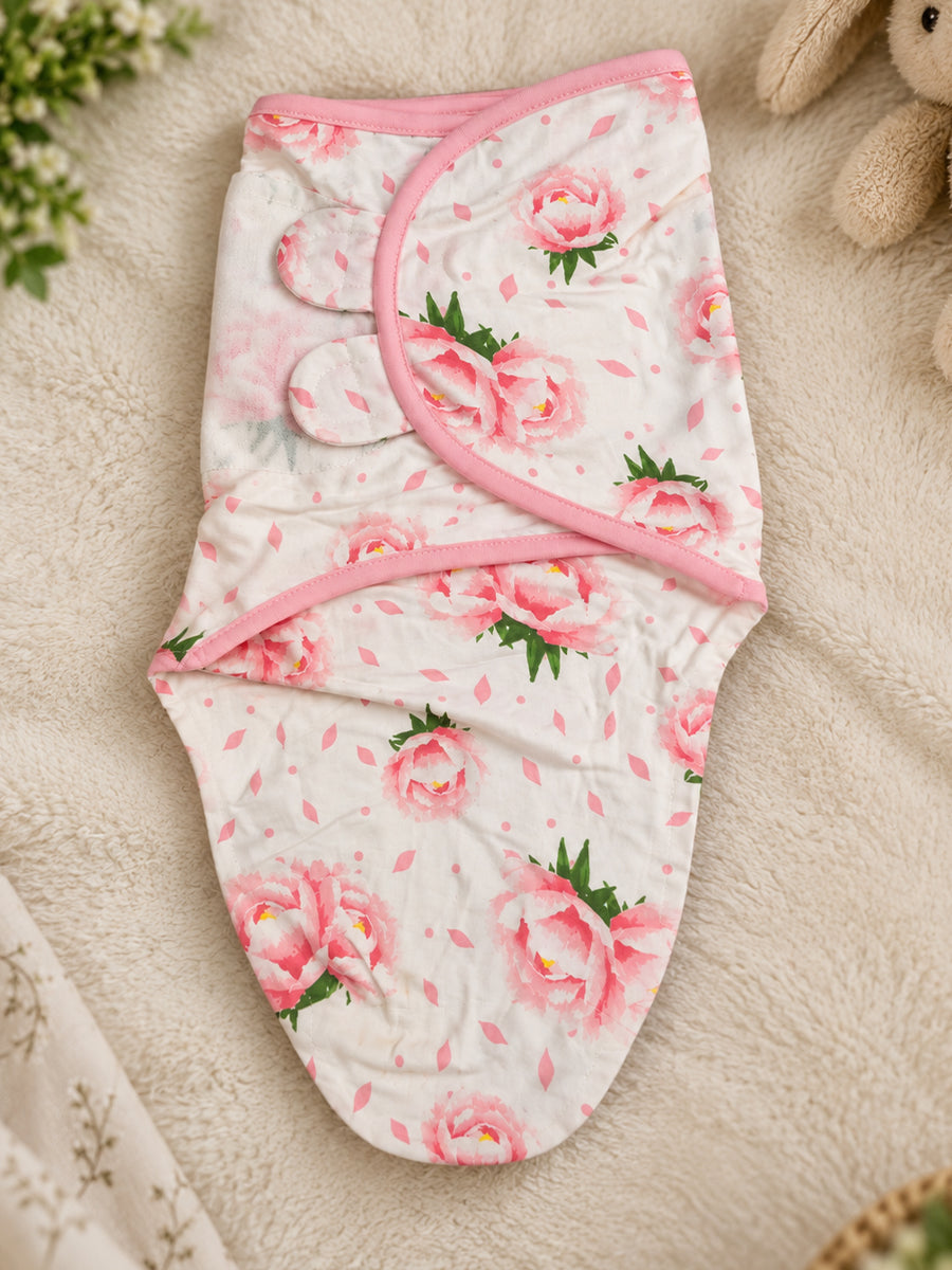 Baby Knitted Cotton Velcro Swaddle – White with Pink Floral Print | Adjustable Velcro Closure | Ziva Collected | Carefully Selected for Your Little One