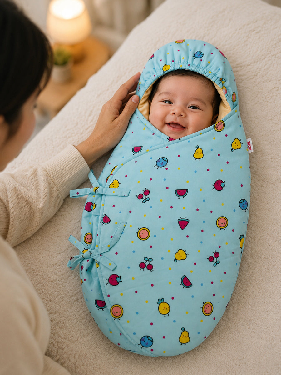 Ziva Cotton Baby Egg Wrap with Hood | Adjustable Side Tie | Double Shade | Sage Green with Butter Cream | Hooded Baby Wrapper