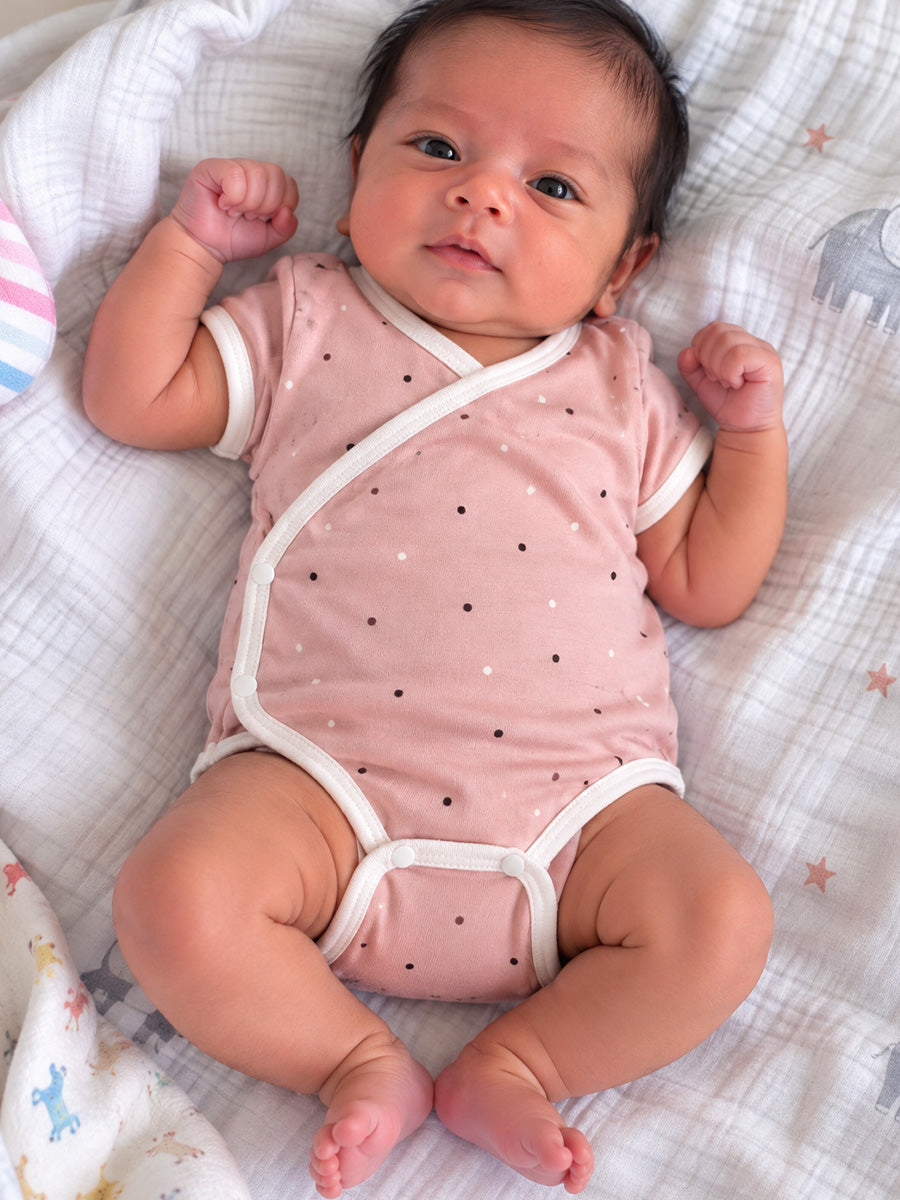 Ziva Baby Premium Knitted Cotton Overlap Romper – Pack of 3 | Blush Pink Tiny Floral, Dusty Rose Mini Dot & White Peach Bunny Assorted Prints.