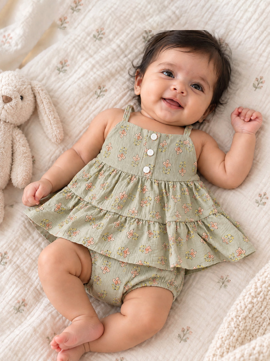 Ziva Baby Girl Strappy Frock with Pantie – Sage Green Floral Print | Premium Knitted Cotton | Layered Frill & Front Buttons | 2-Piece Set