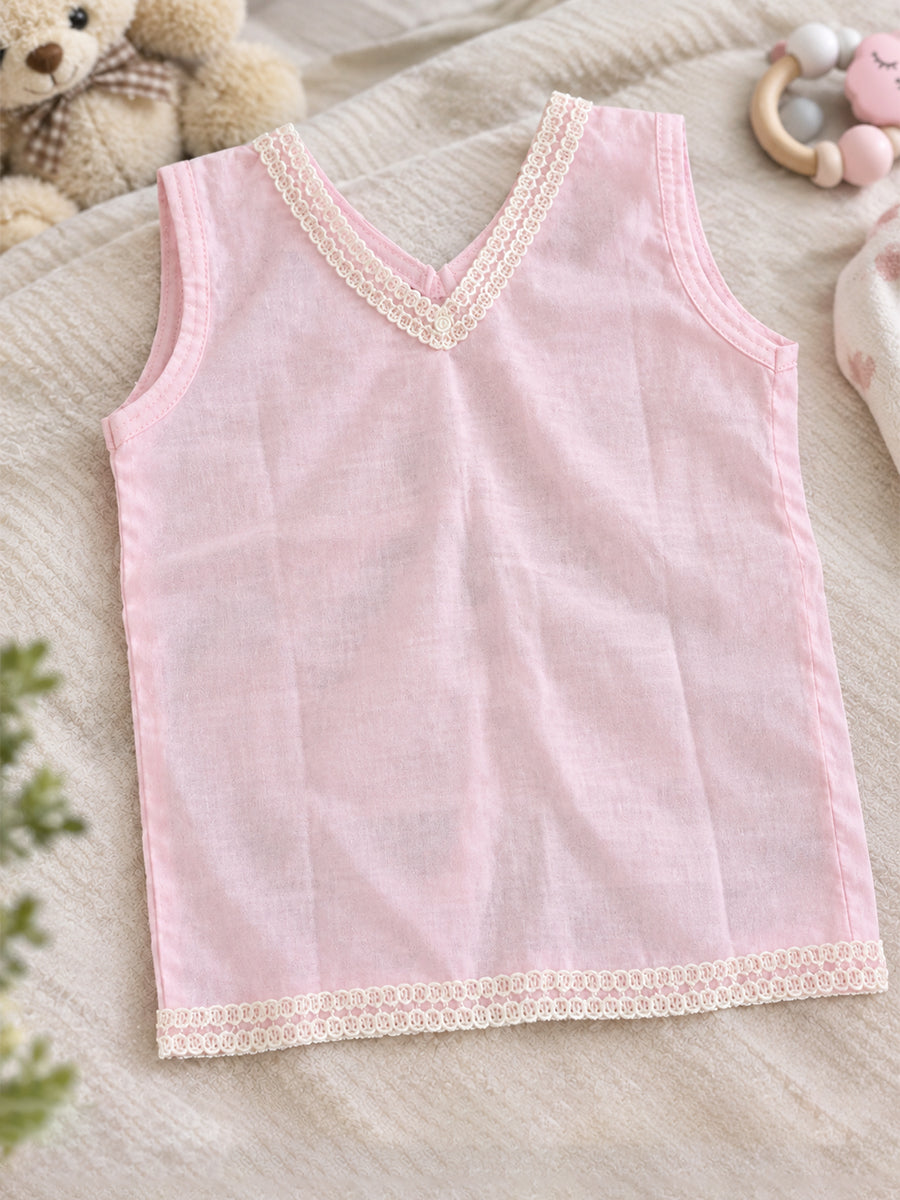 Ziva Baby Cotton V-Neck Top & Shorts Set – Soft Baby Pink | Cream Lace & Back Tie | 1 Top + 1 Shorts