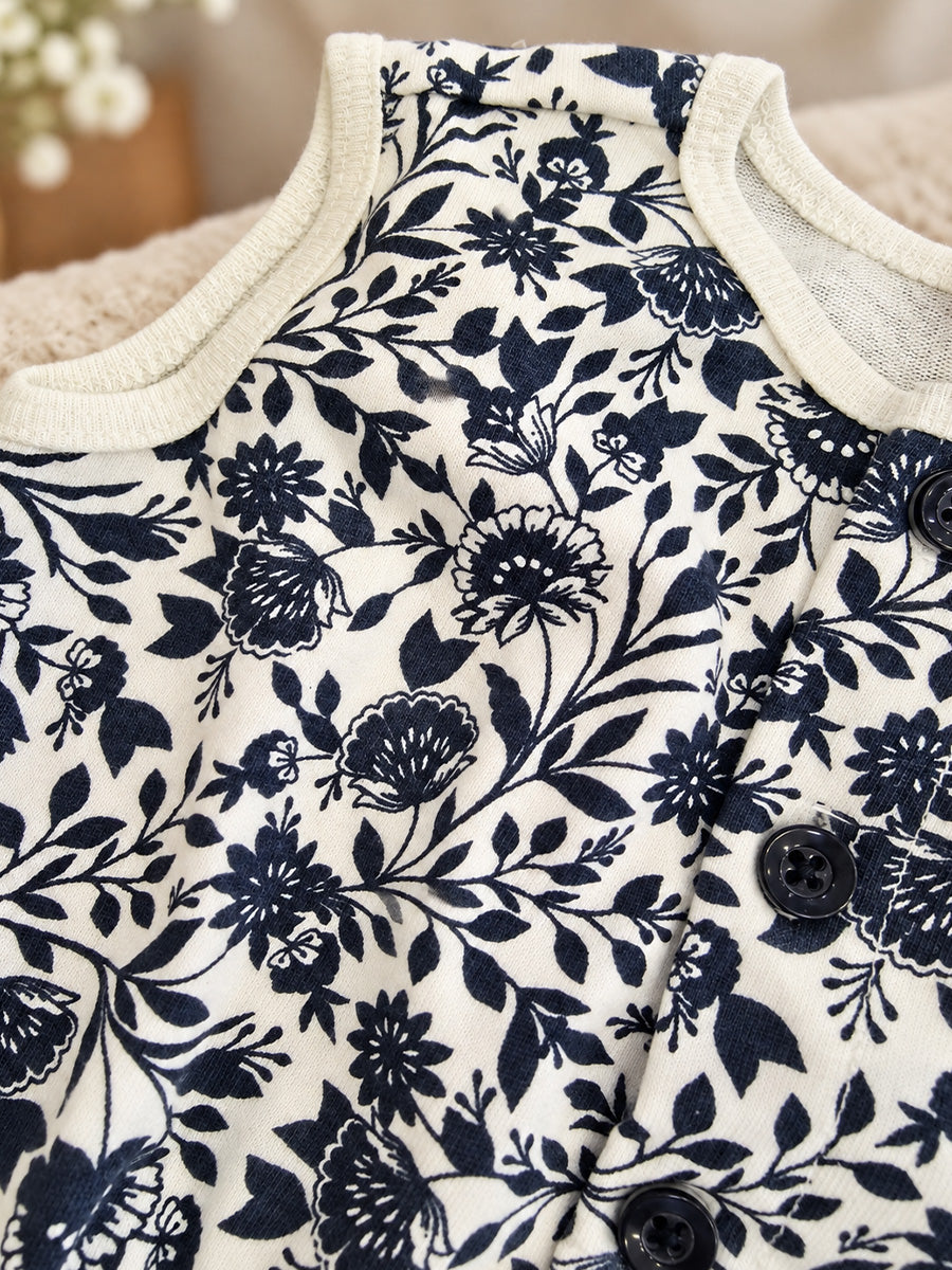 Ziva Baby Playsuit Romper – Blue Tropical Leaf Print | Knitted Cotton | Front Button Open | Elasticated Waist
