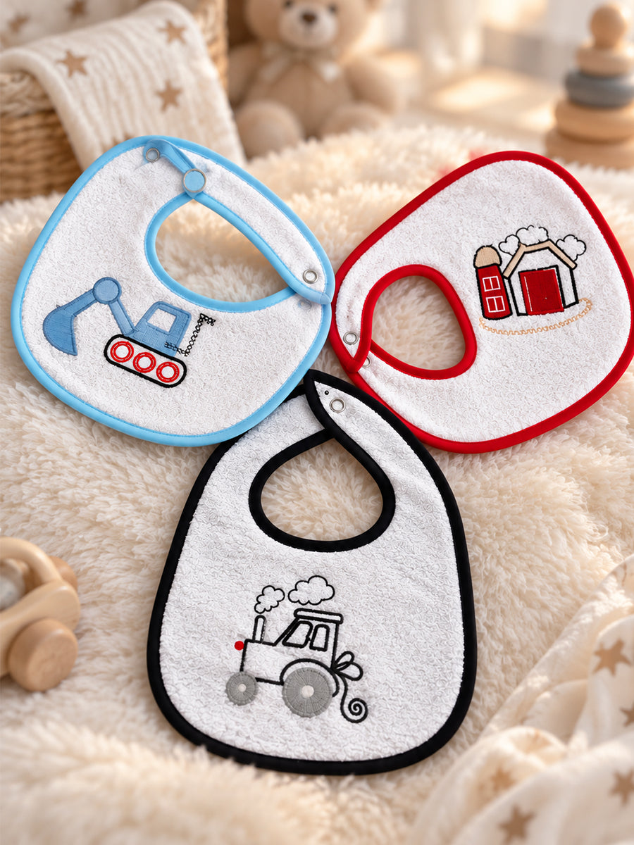 Baby Cotton Bibs – Pack of 3 | Multicolour Embroidered Assorted Prints (Details: Check Product Description)  Ziva Collected | Carefully Selected for Your Little One