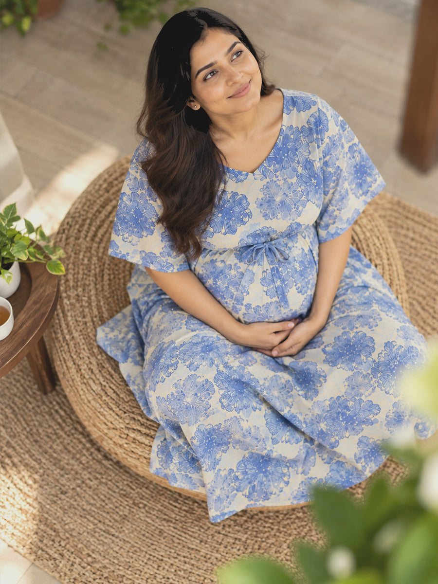 Ziva Maternity & Feeding Rayon Kaftan – Concealed Feeding Zips & Waist Adjustable Tie | Surf Blue Floral Print