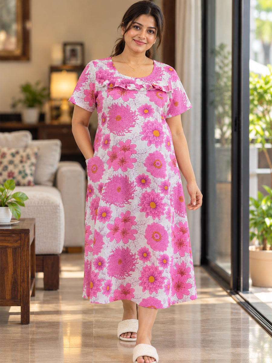 Ziva Maternity & Feeding Cotton Short Nighty – Concealed Feeding Zips & Side Pocket | Pink Garden Floral Print