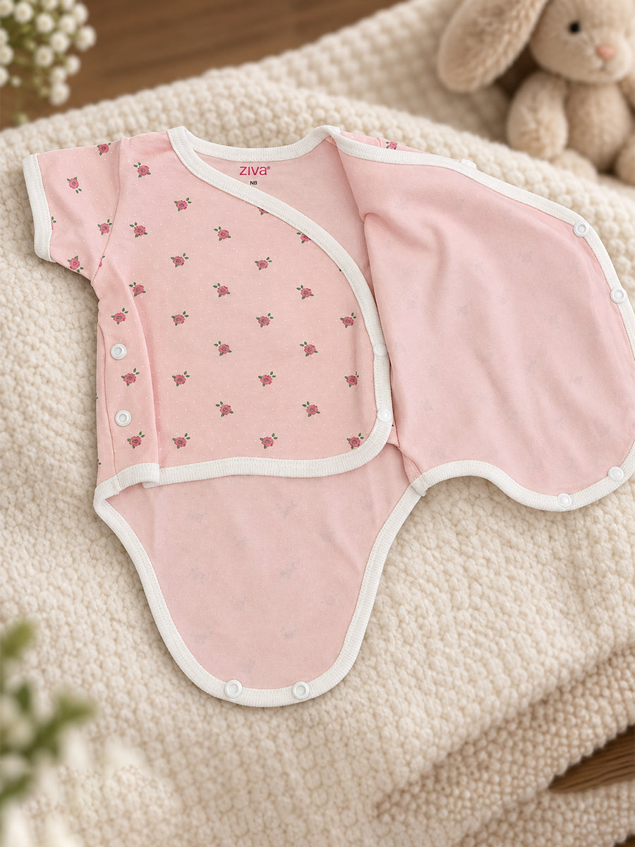 Ziva Baby Premium Knitted Cotton Overlap Romper – Pack of 3 | Ivory Mini Rose, Blush Pink Rose Dot & Baby Pink Bow Assorted Prints