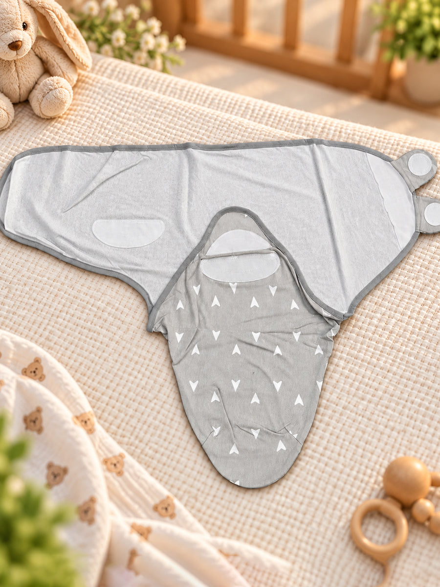 Baby Knitted Cotton Velcro Swaddle – Light Grey with White Mini Triangle Print | Adjustable Velcro Closure | Ziva Collected | Carefully Selected for Your Little One