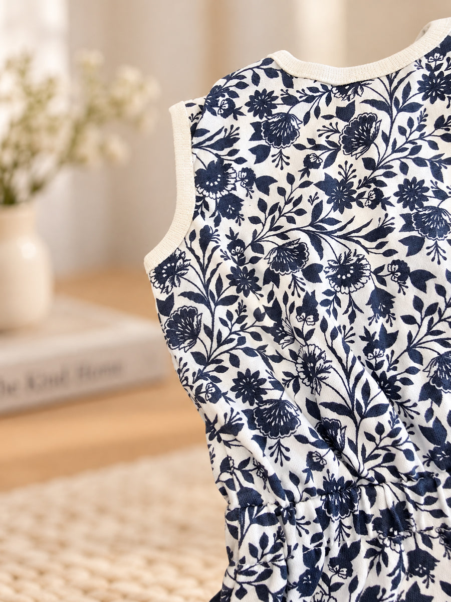 Ziva Baby Playsuit Romper – Blue Tropical Leaf Print | Knitted Cotton | Front Button Open | Elasticated Waist
