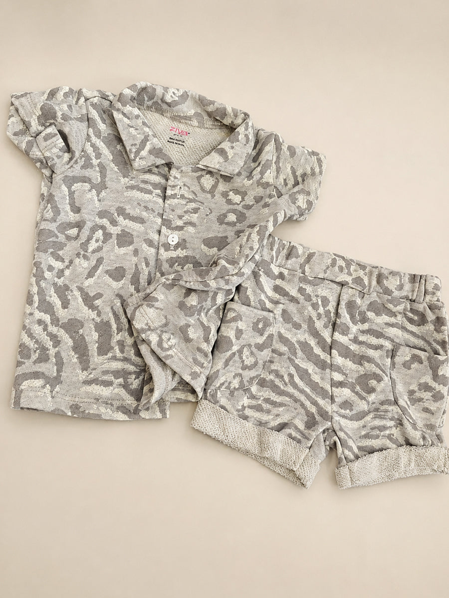 Ziva Premium Knitted Cotton Baby Co-Ord Set – Collar Neck Shirt & Elastic Waist Shorts | Dark Grey Abstract Animal Print