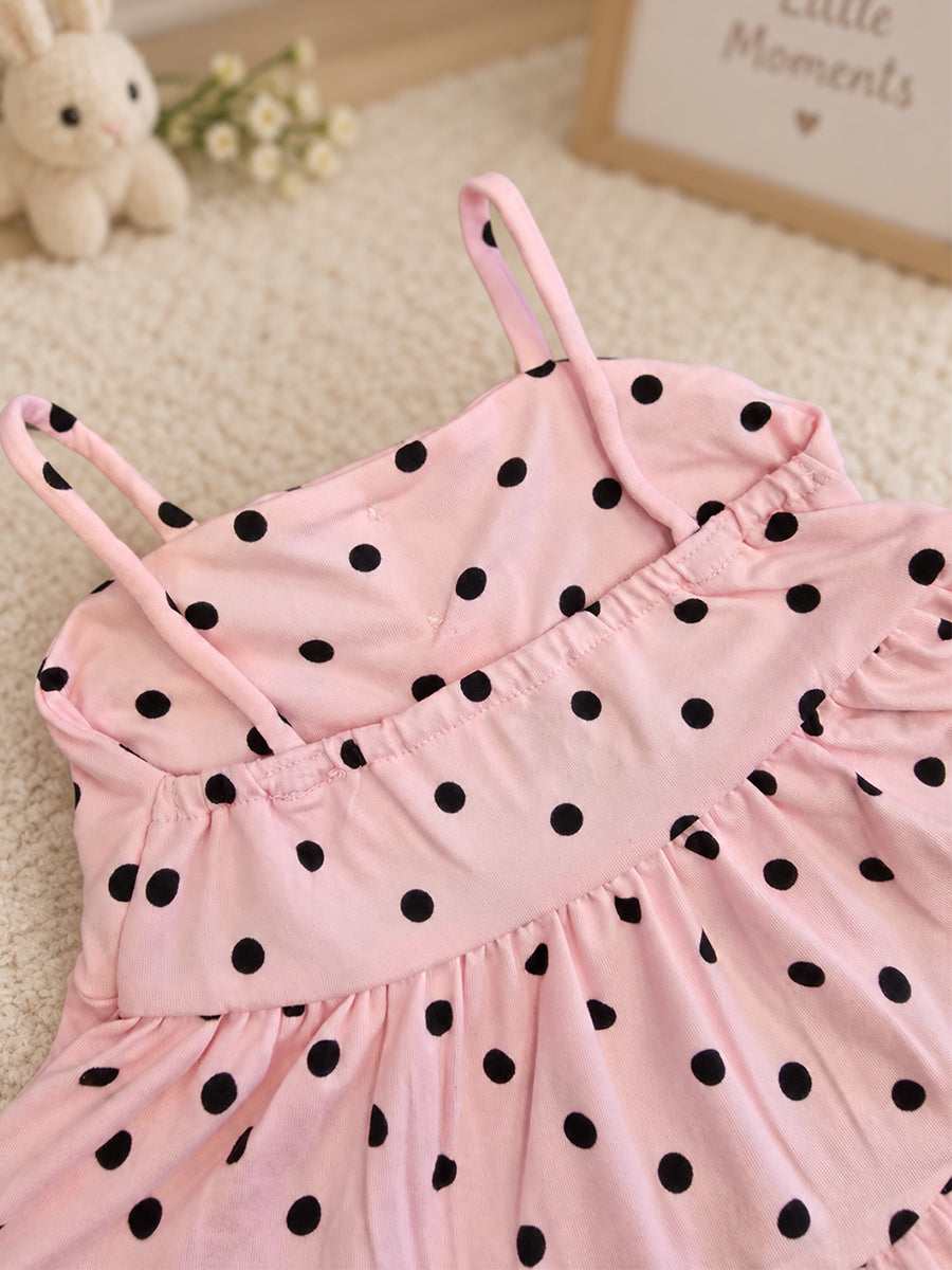 Ziva Baby Girl Strappy Frock with Pantie – Blush Pink Black Polka Dot Print | Premium Knitted Cotton | Tiered Frill & Front Buttons | 2-Piece Set