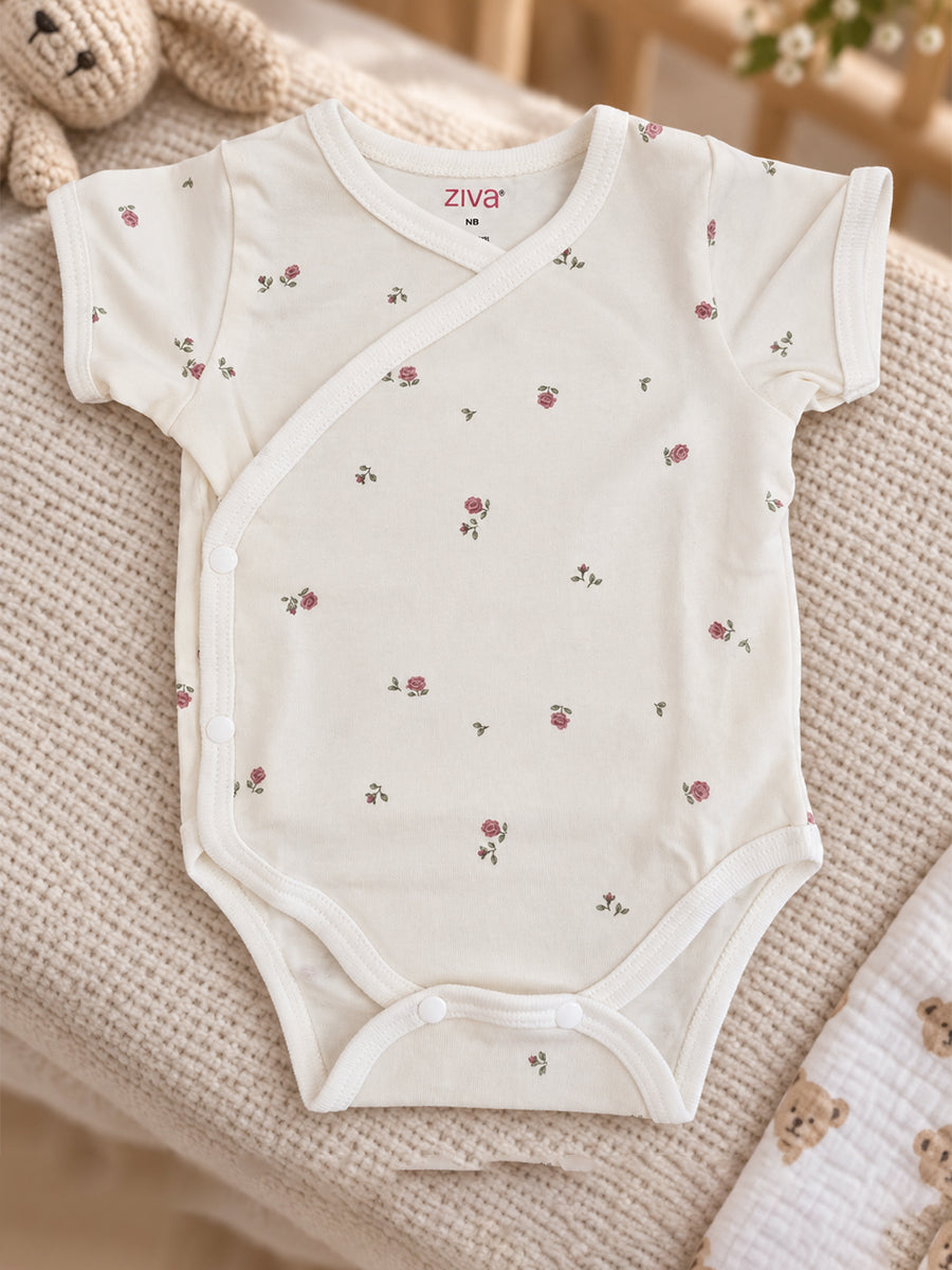 Ziva Baby Premium Knitted Cotton Overlap Romper – Pack of 3 | Ivory Mini Rose, Blush Pink Rose Dot & Baby Pink Bow Assorted Prints