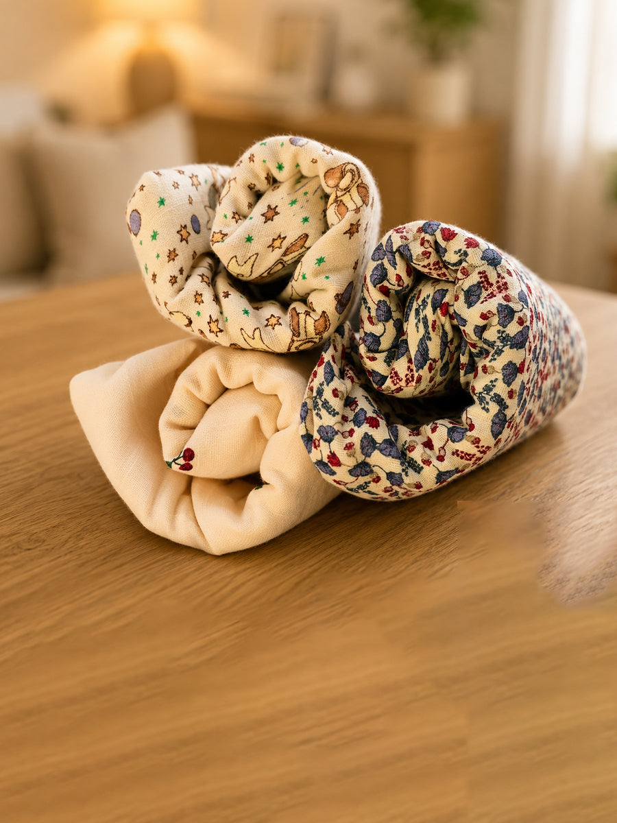 Ziva Premium Cotton Muslin Cloth – 3 Pieces | 100 × 100 cm Extra Large | Soft, Breathable & Multipurpose | Assorted Prints | Print Included: Small Cherry