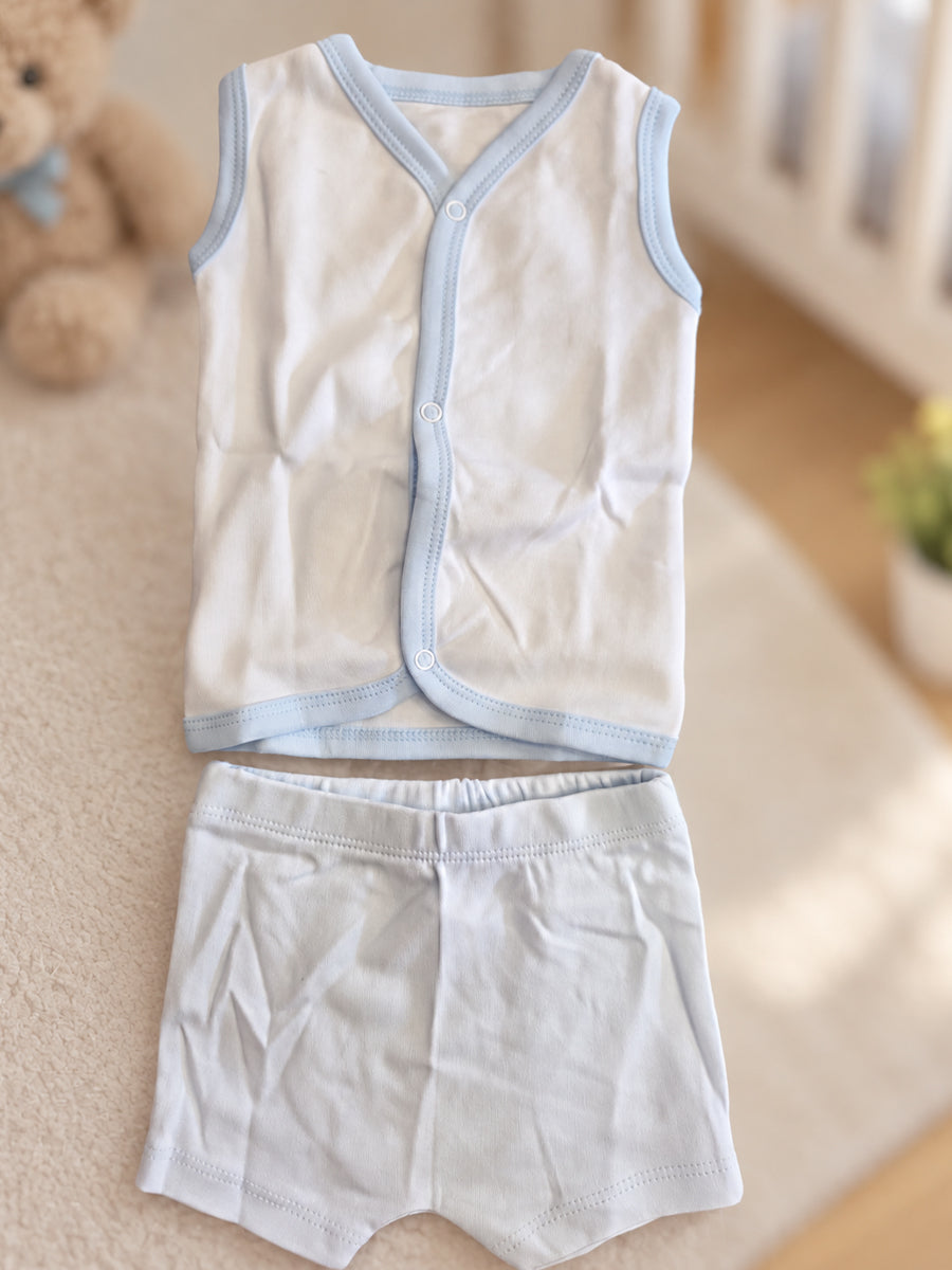 Ziva Baby Jabla & Nicker Set – White & Baby Blue | Knitted Cotton | Front Press-Button Open | 1 Jabla + 1 Nicker
