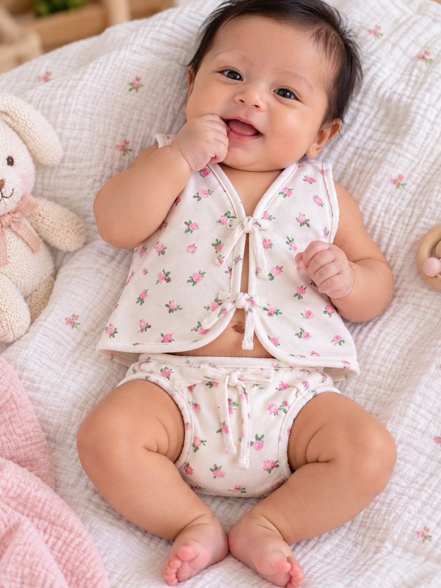 Ziva Newborn Cotton Front Open Tie Jabla with Tie Nappy – White Pink Rose Print