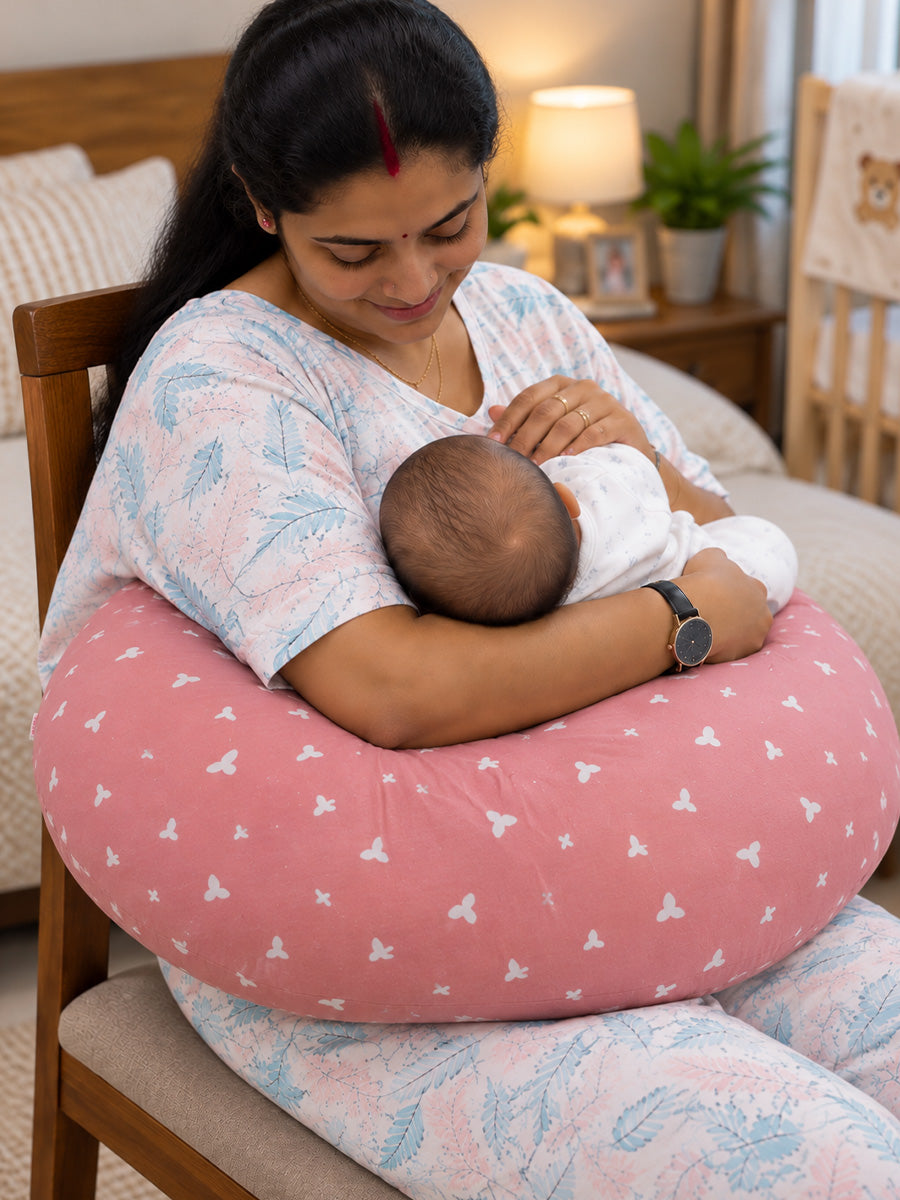 Ziva Multipurpose Feeding Pillow – White with Warm Beige Bird Print | 100% Cotton Cover | Removable & Washable