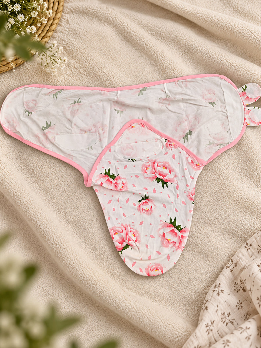 Baby Knitted Cotton Velcro Swaddle – White with Pink Floral Print | Adjustable Velcro Closure | Ziva Collected | Carefully Selected for Your Little One