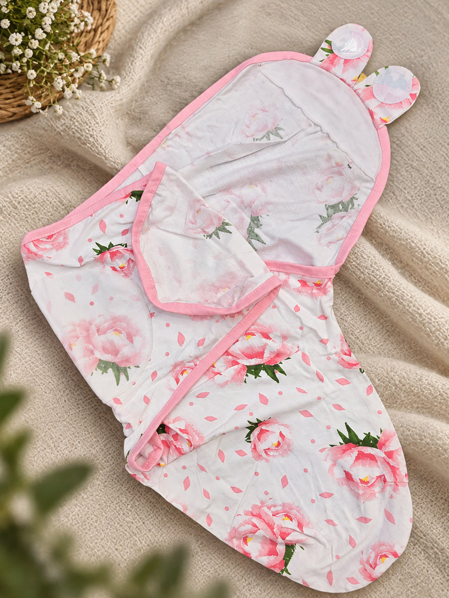 Baby Knitted Cotton Velcro Swaddle – White with Pink Floral Print | Adjustable Velcro Closure | Ziva Collected | Carefully Selected for Your Little One