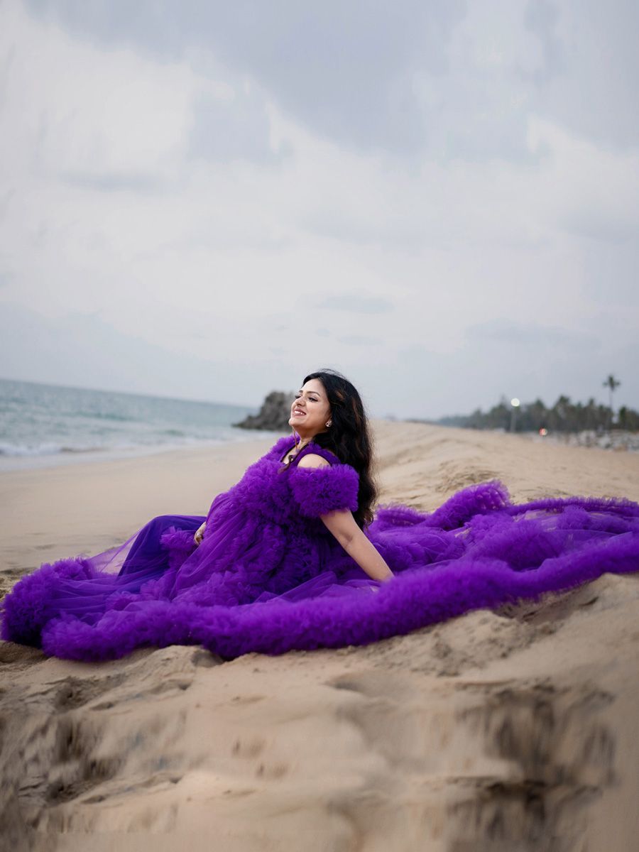 Baby Shower Ruffled Trail Gown- Violet