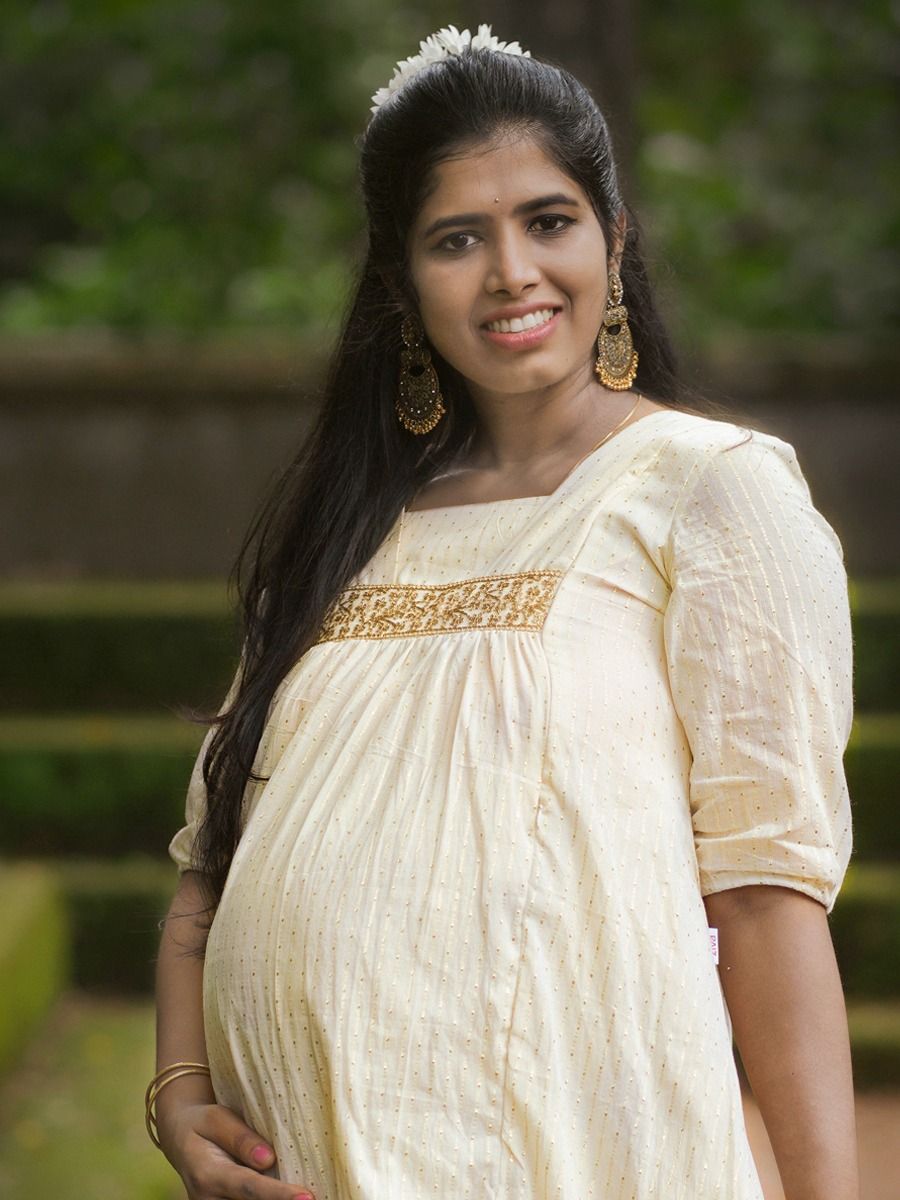 Maternity Midi Onam Festive Dress Cleta Cream Lines