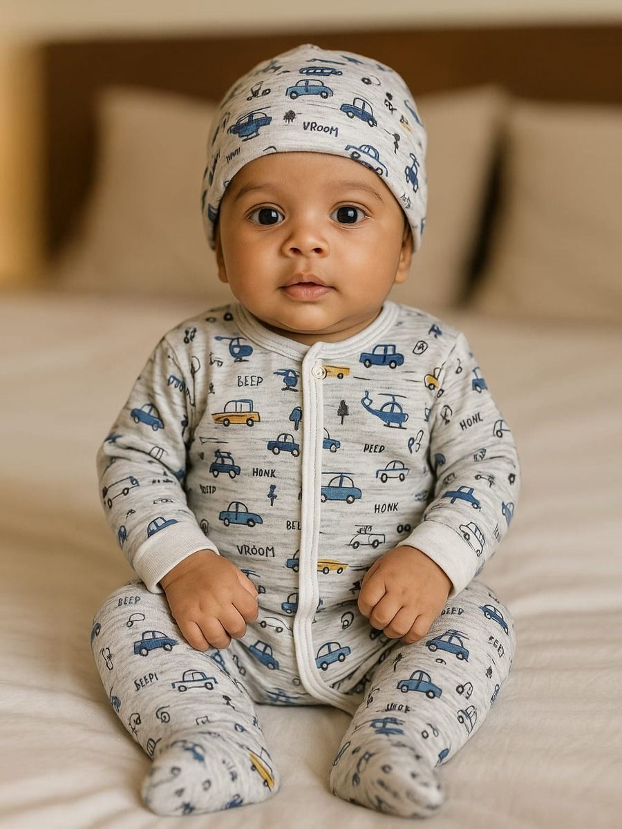 Baby Sleepsuit/Cap Boy Car Print - Grey