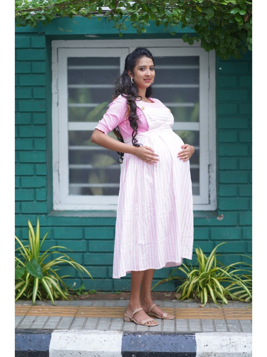 Maternity short Dress pink/white- lines