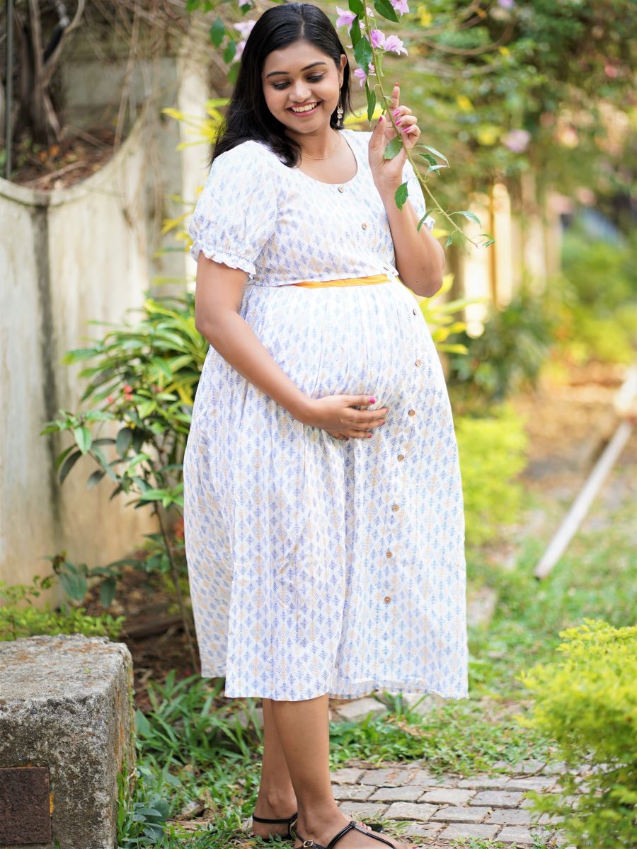 Maternity Short Dress- White ( Print)