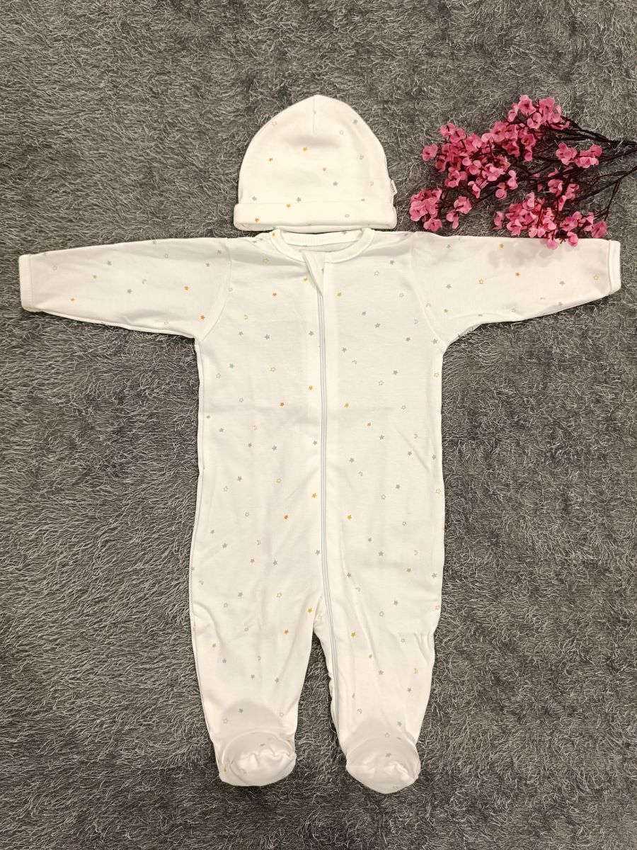 Baby Sleepsuit/ Cap Girl- White Star