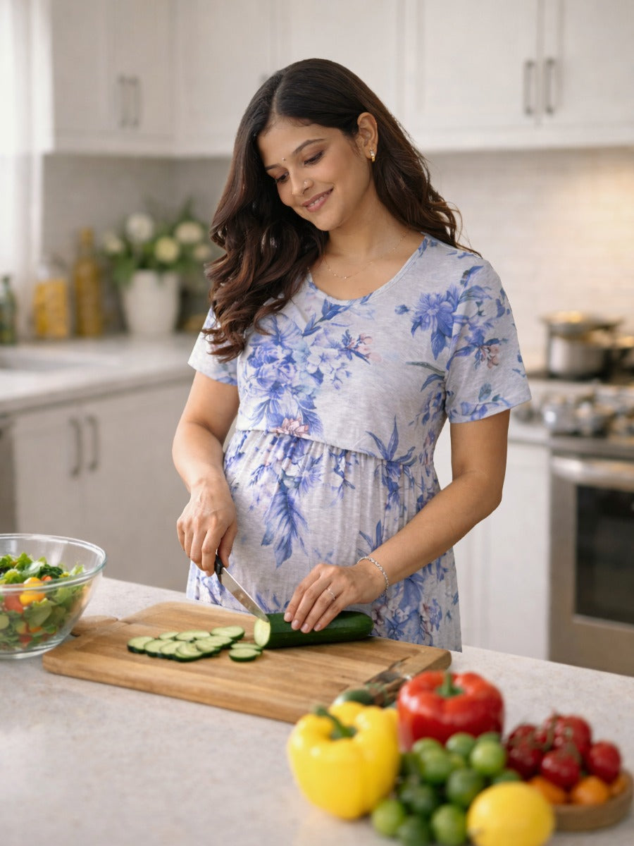 Ziva Off-White Floral Zipless Maternity & Nursing Gathered Dress with Pocket & Adjustable Tie