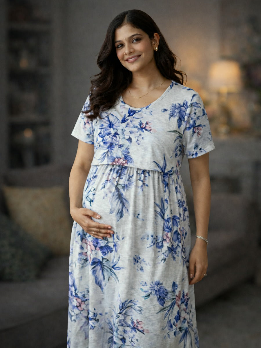 Ziva Off-White Floral Zipless Maternity & Nursing Gathered Dress with Pocket & Adjustable Tie