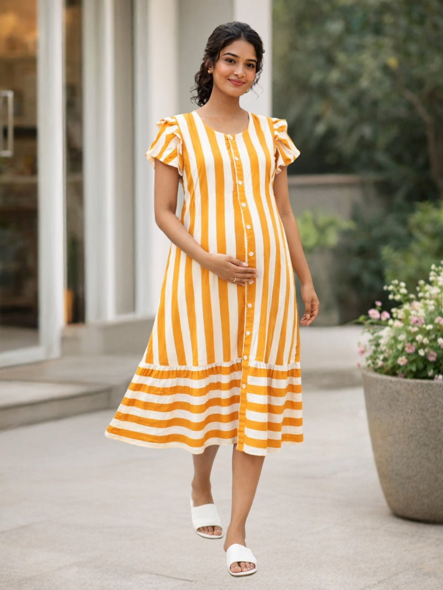 Orange & Off-White Striped Maternity & Nursing Full Open Short Nighty