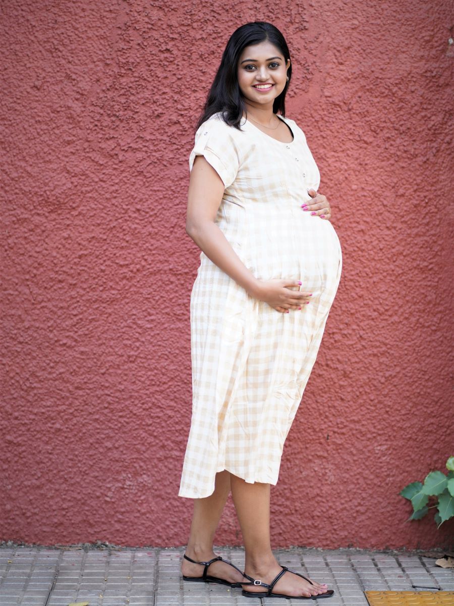 Maternity Short Dress- Checks (Light Yellow)