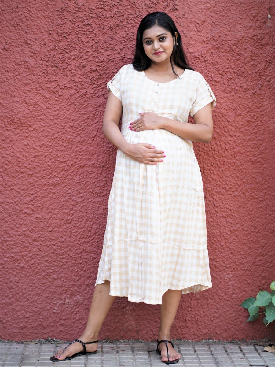 Maternity Short Dress- Checks (Light Yellow)