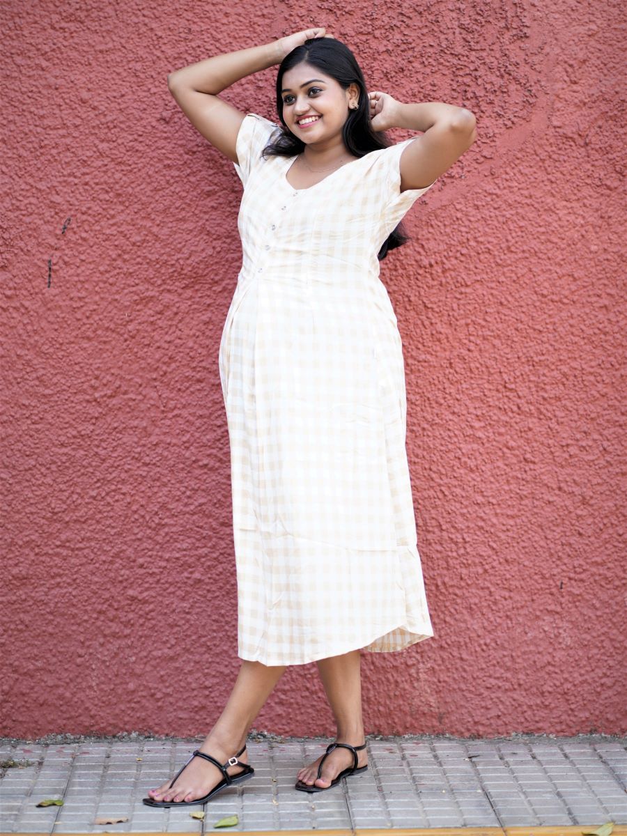 Maternity Short Dress- Checks (Light Yellow)
