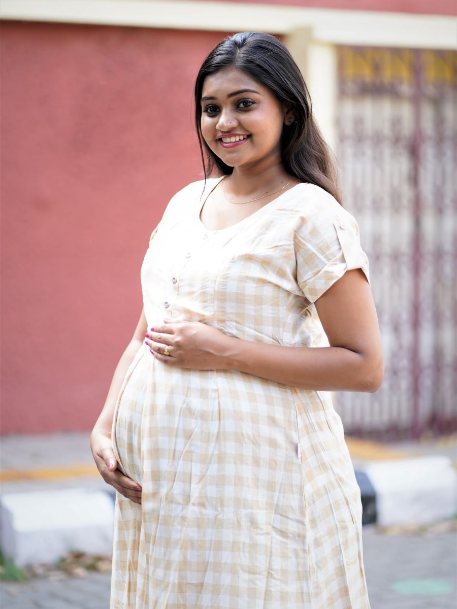 Maternity Short Dress- Checks (Light Yellow)