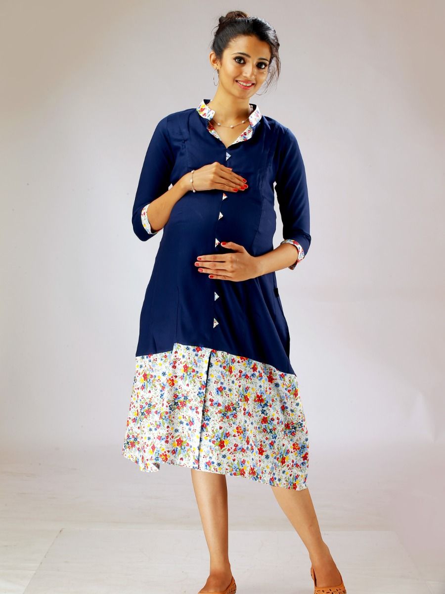Maternity Kurta Floral Print On Bottom (Stuffy Blue)