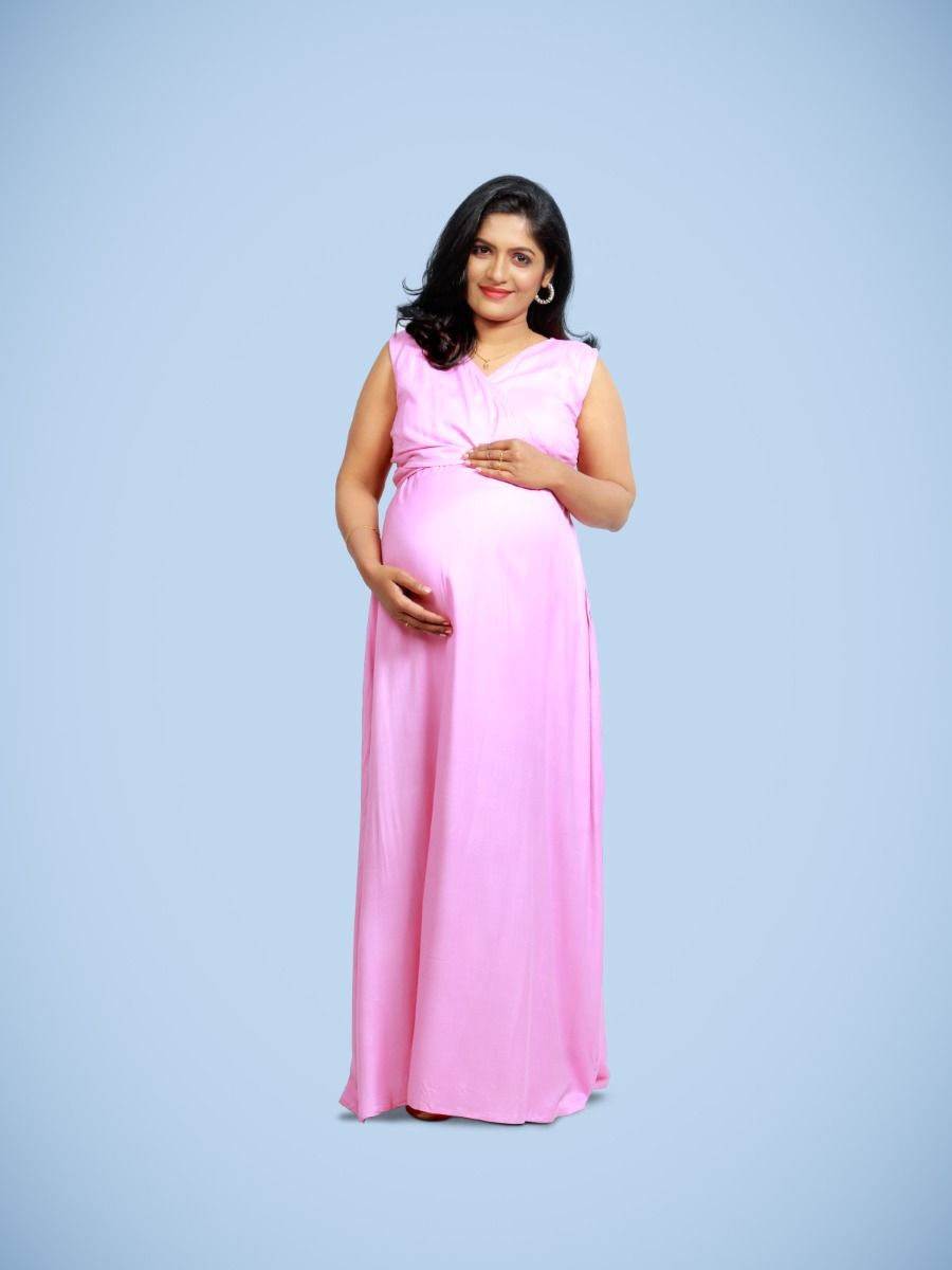 Plain  Maternity & Nursing Full Gown-Shami Pink