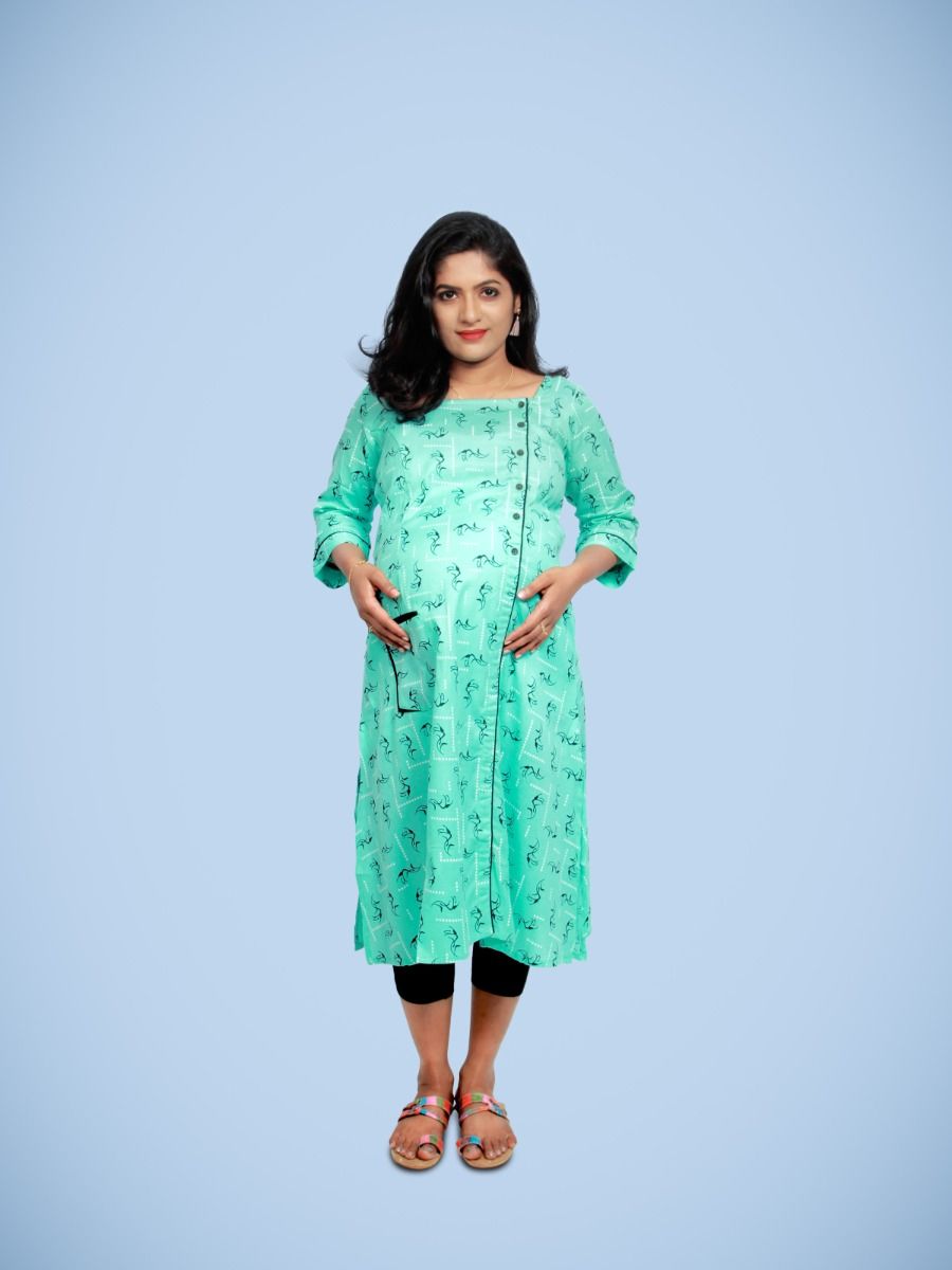 Maternity & Nursing Kurti with FREE MASK -Sikha Aqua Blue