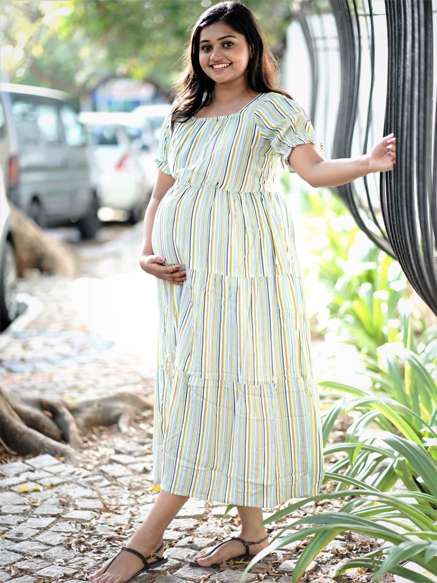 Maternity Short Dress- Lines (Yellow)