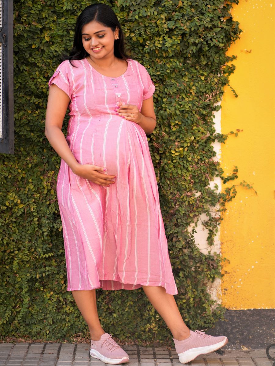 Maternity Short Dress- Lines (Pink)