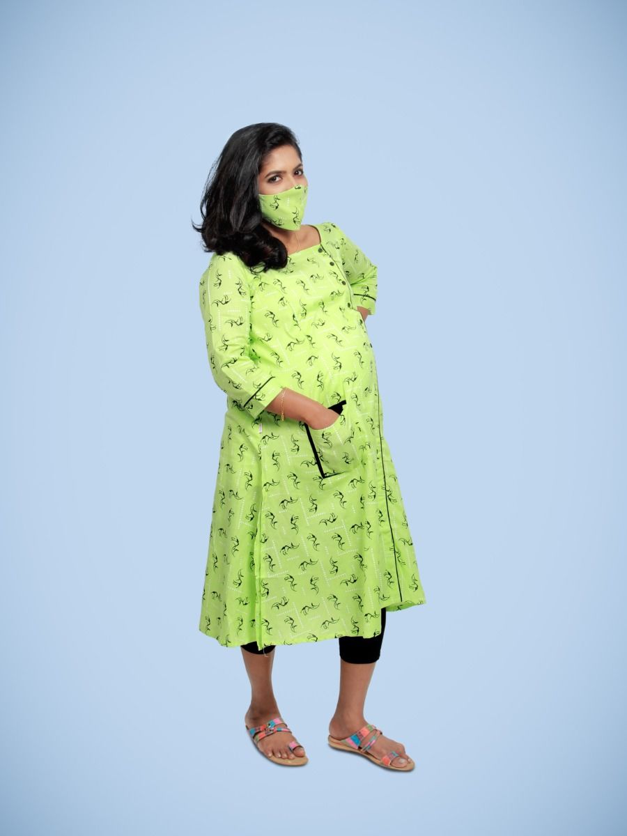 Maternity & Nursing Kurti with FREE MASK -Sikha Light Green