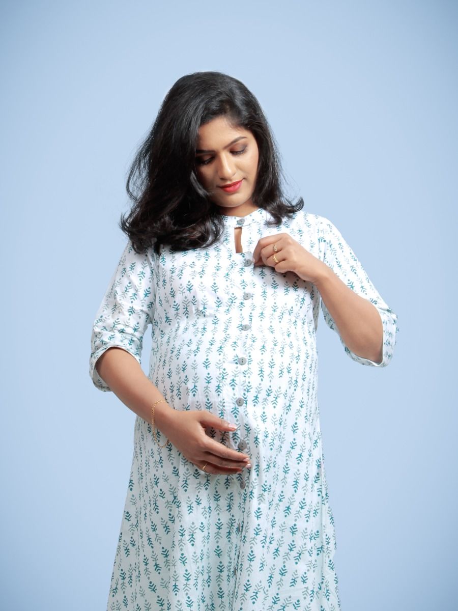  Maternity Top with Full printed open-Diti Green