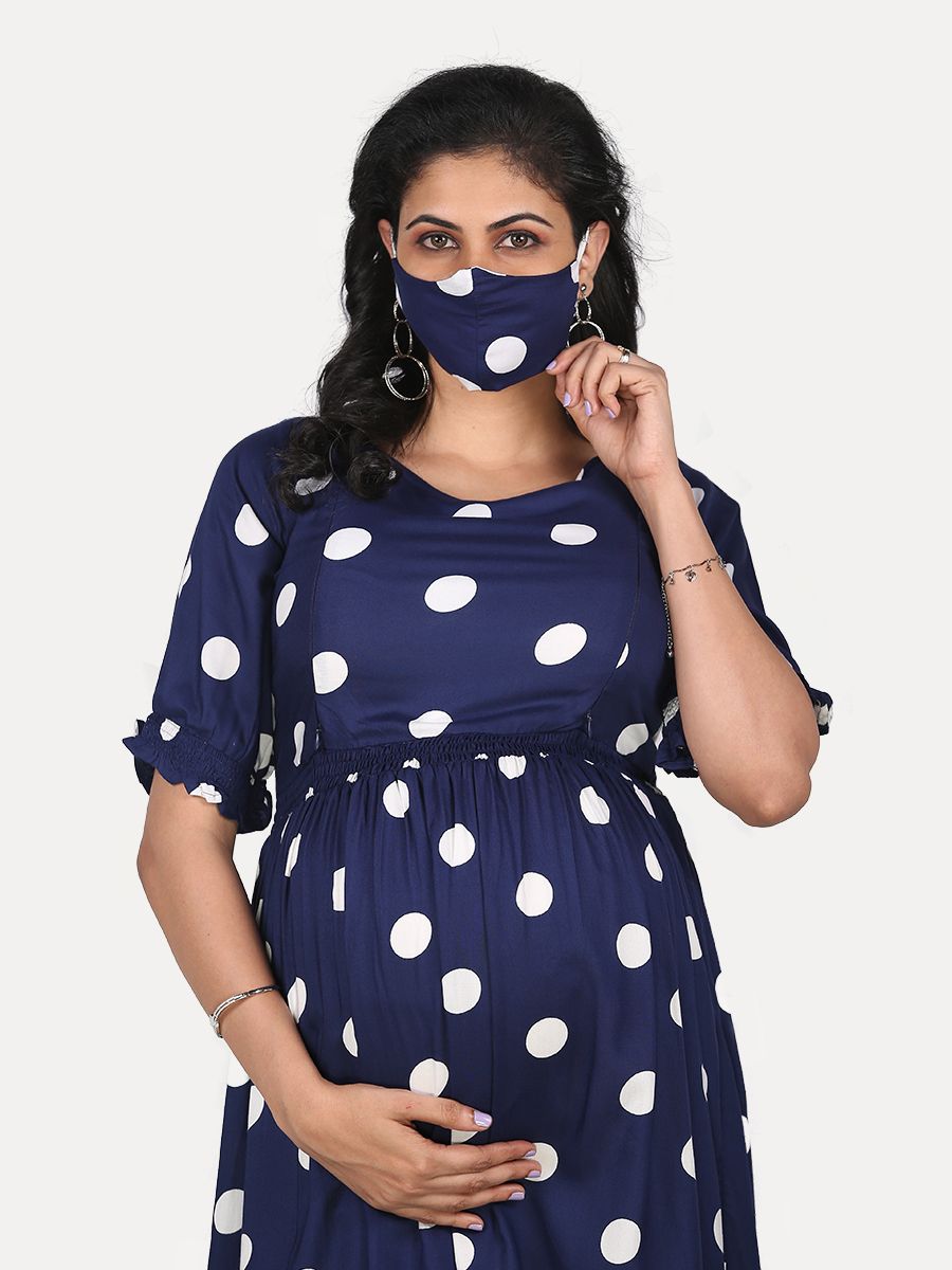 Maternity Midi Dress with Free Mask ( Lika Blue Dot)