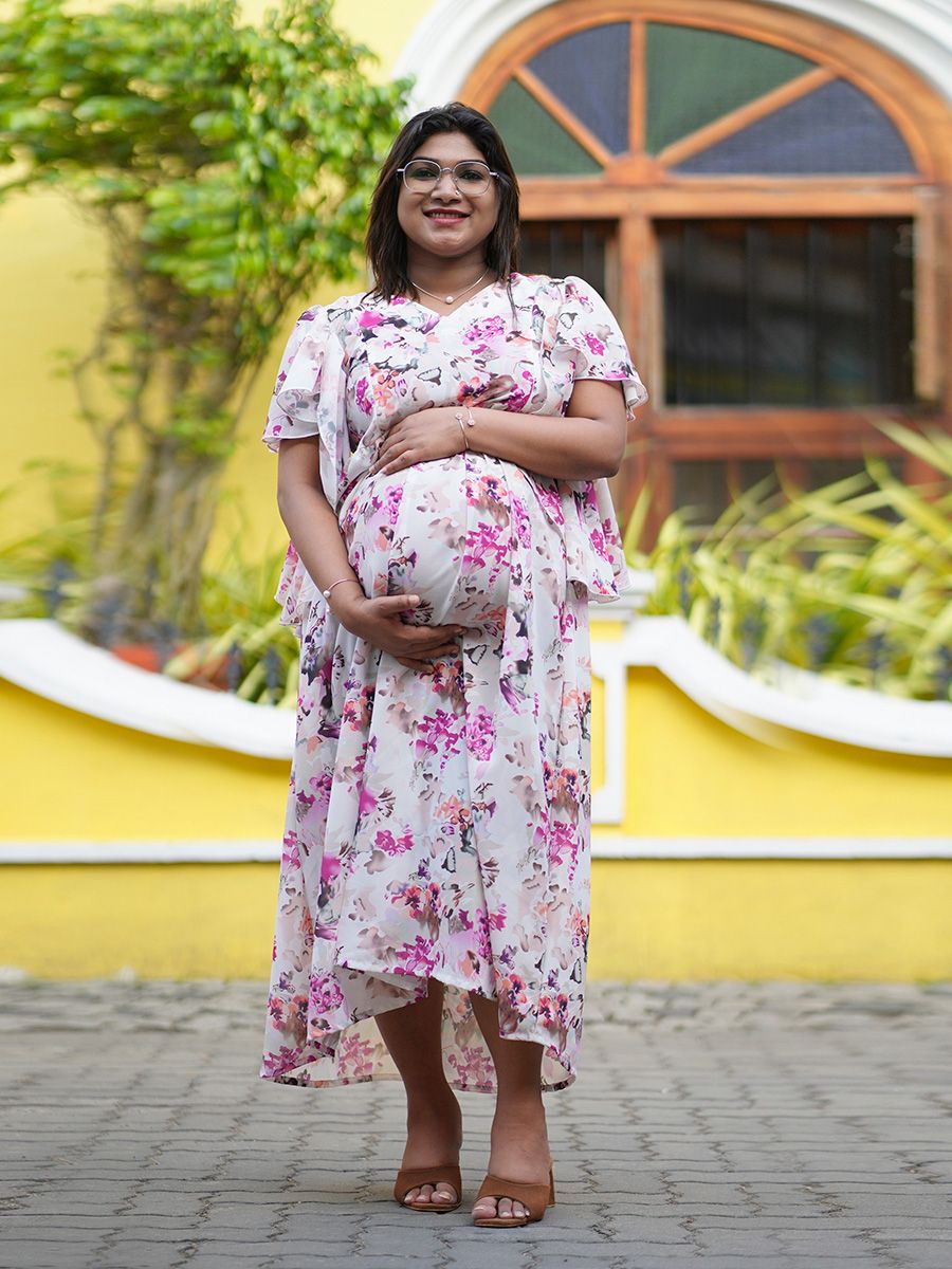 Maternity Party Wear Floral Dress- Offwhite